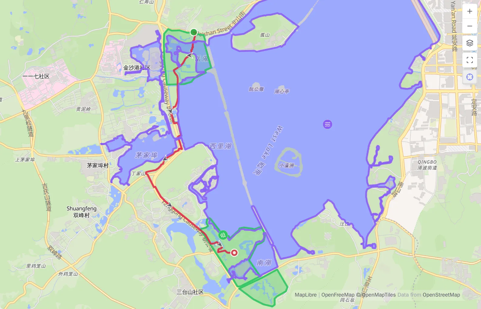 Areas read from GeoJSON and KML: filled regions in their note’s colour, two with unfilled holes, and a route with a green start, red ring end and direction arrows crossing one of them