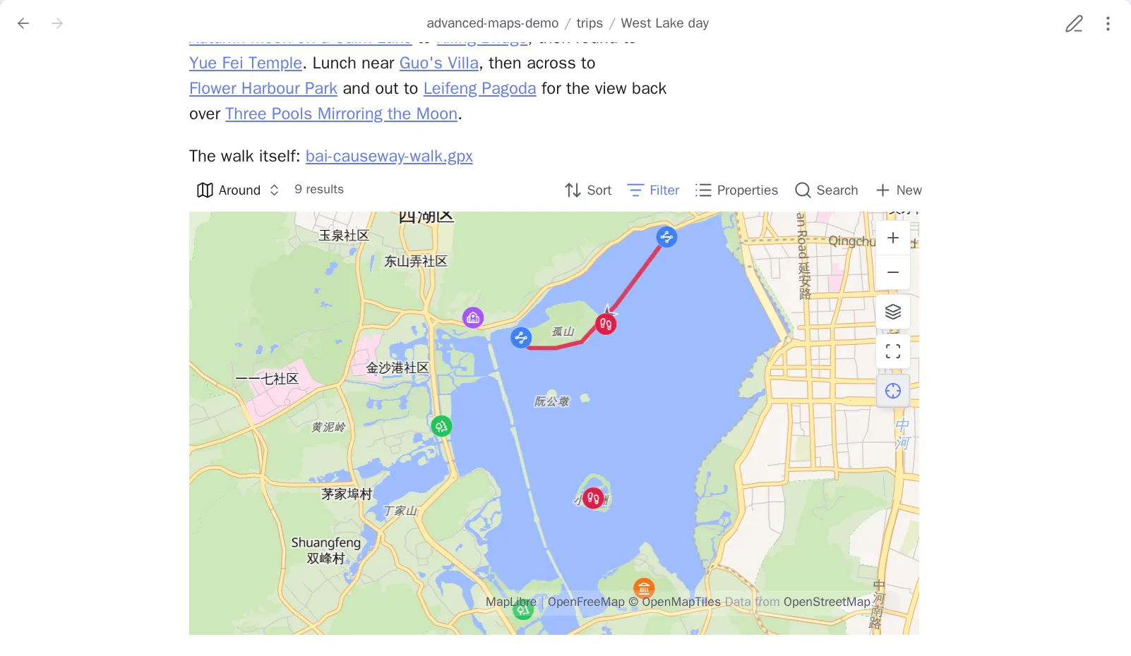 A trip note whose ordinary wikilinks are rendered as markers in an embedded Around map