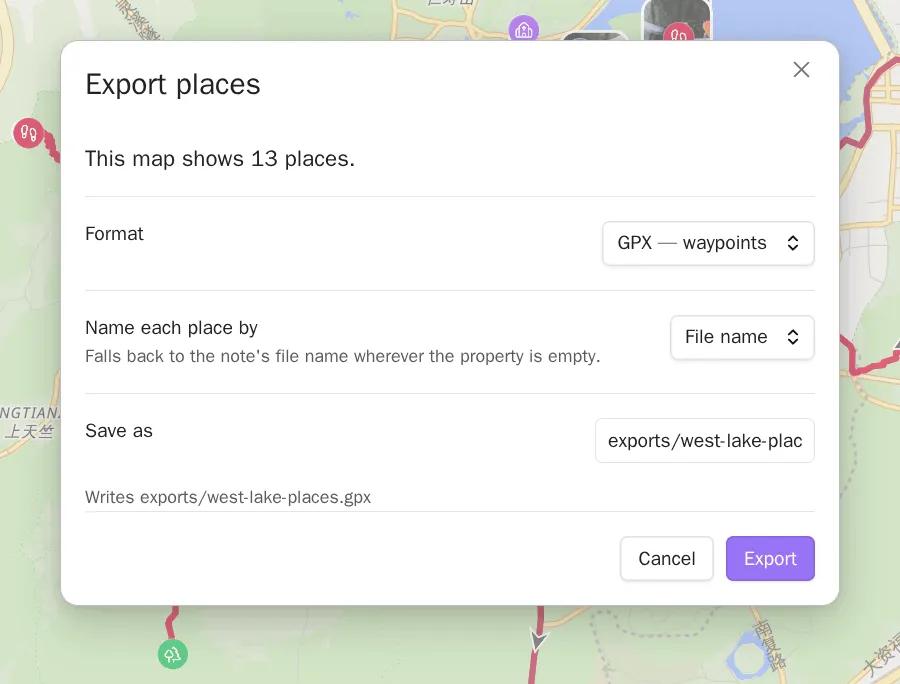 The export dialog: how many places the map shows, the format, what each place is named by, and the path it will write