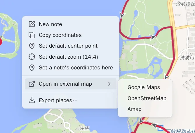 The map context menu with external-map destinations