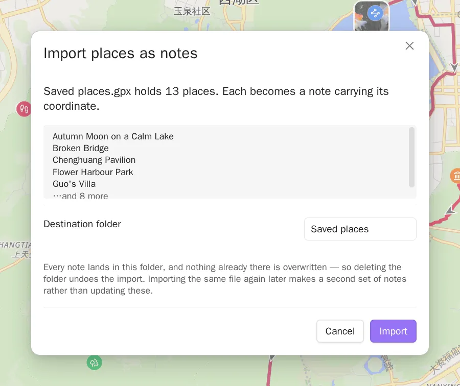 The import dialog: the file it read, how many places it holds, the first few of their names, and the folder the notes will land in