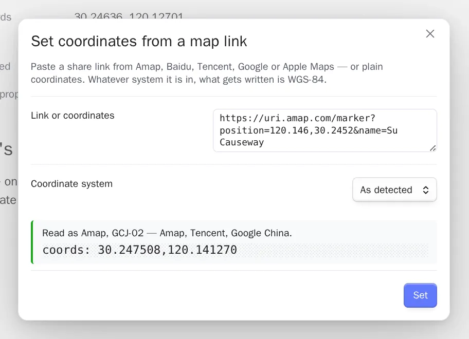 The map-link parser showing the WGS-84 coordinate it will write