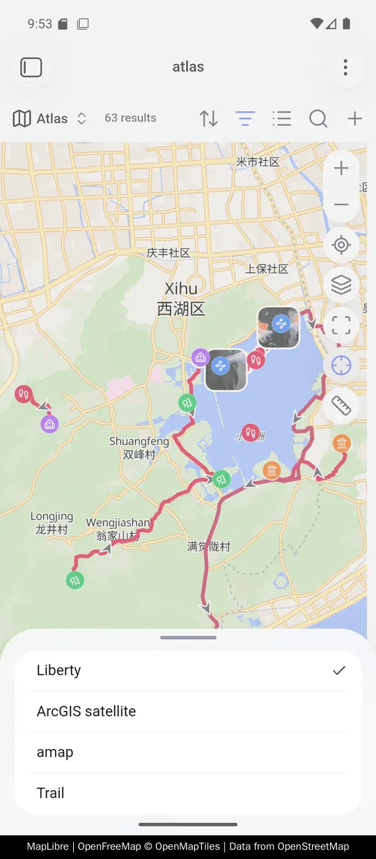 The same layers button on a phone: a sheet over the map listing the Maps plugin’s backgrounds with the tile pack under them