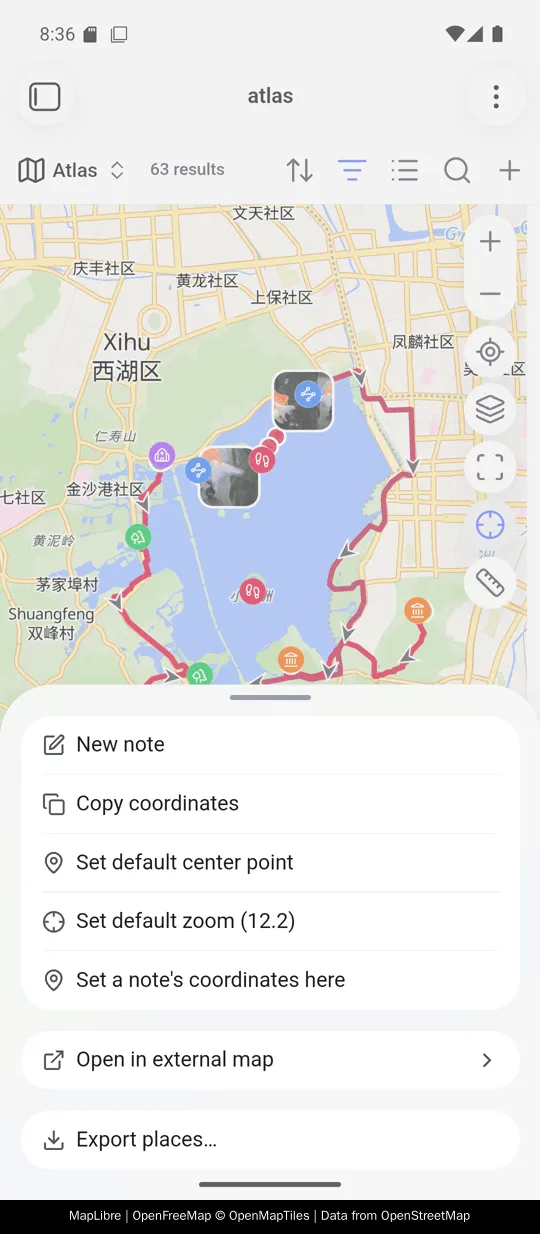The same map menu on a phone, opened by a long press as a sheet over the map: New note, Copy coordinates, Set default center point, Set default zoom, Set a note’s coordinates here, then Open in external map and Export places…
