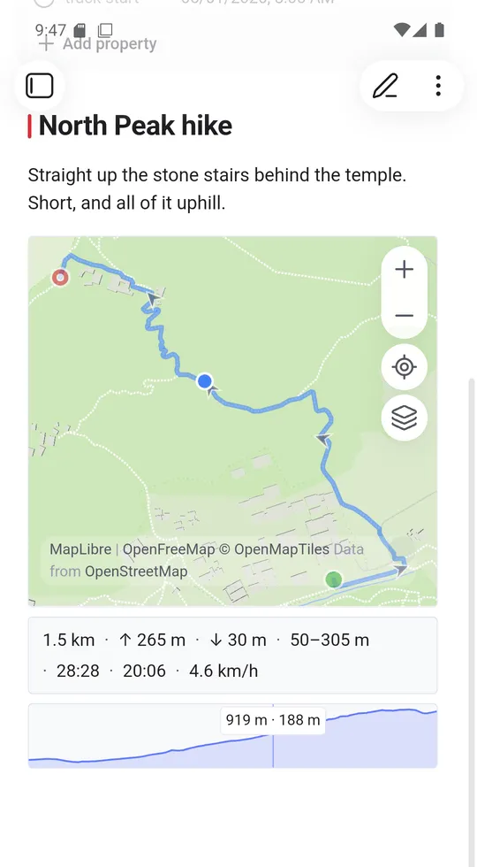 The same kind of embed on a phone: the route, the statistics line, and the elevation profile with its readout left where a tap put it