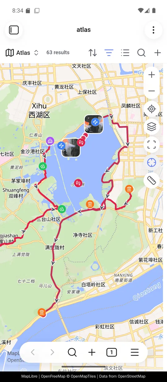 A Base map open in the Obsidian mobile app: a route around West Lake drawn with direction arrows, coloured note markers, two photo thumbnails, and the map’s controls down the right edge