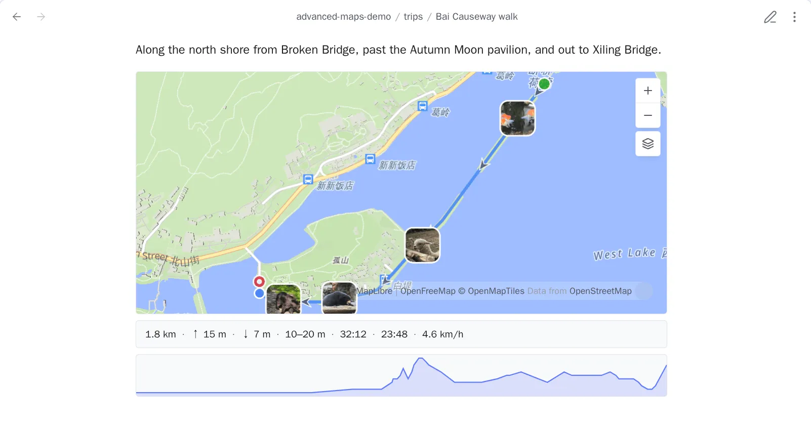 An inline GPX map with the host note’s photo thumbnails placed along the route