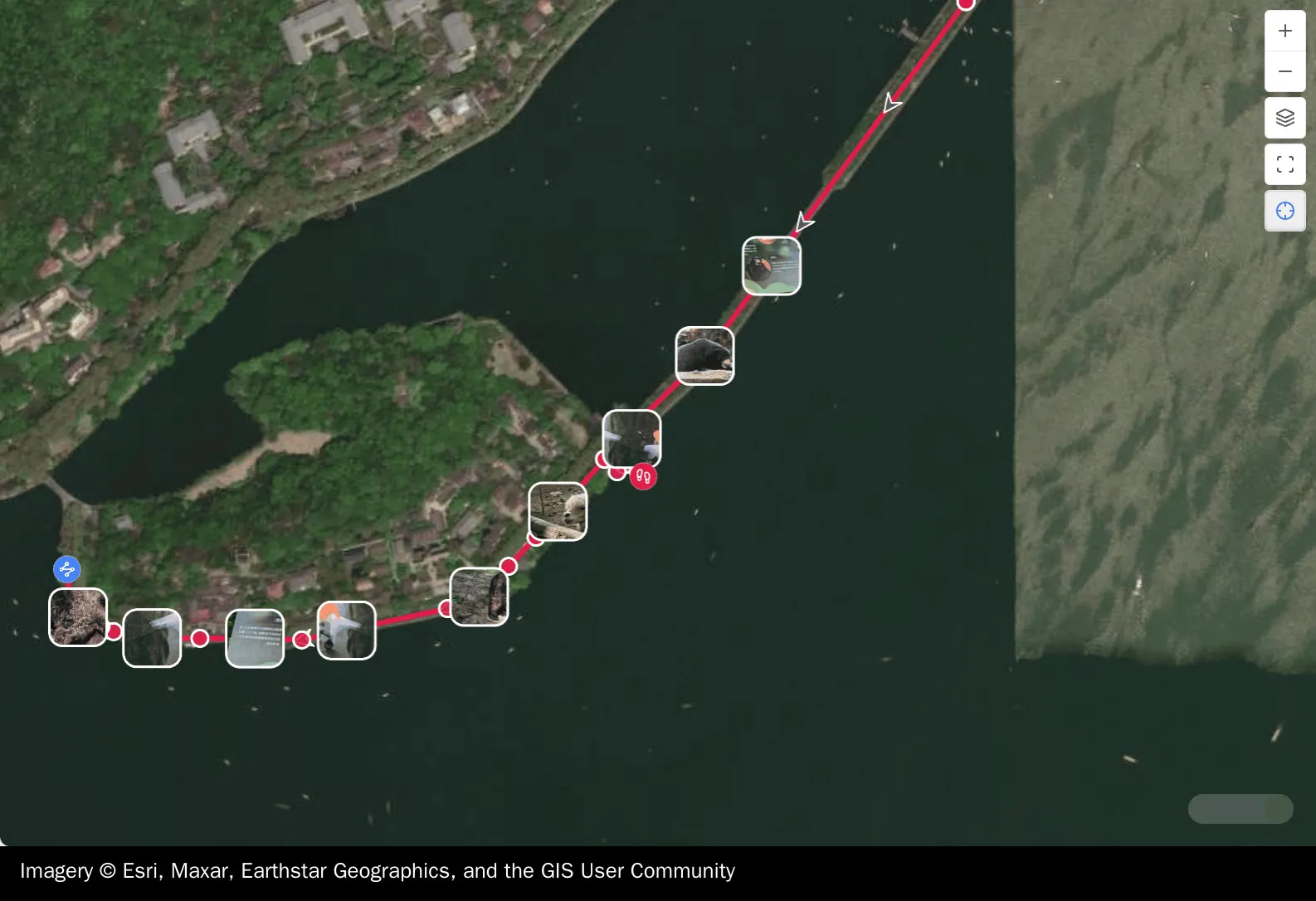 One note’s own walk on satellite imagery, its photos drawn as thumbnails wherever their EXIF says they were taken