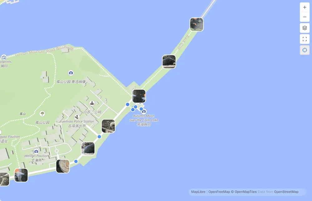 The same photos at three zoom levels: thumbnails everywhere close in, thinning to a stable few over a field of dots as the map zooms out