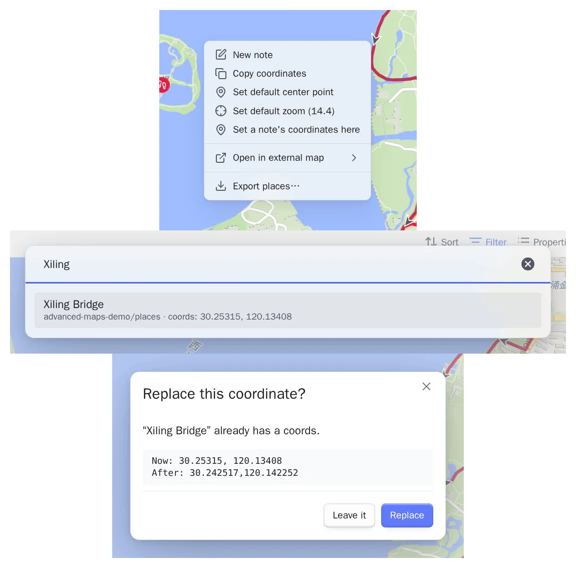 The map’s right-click menu with “set a note’s coordinates here” beside New note and Copy coordinates; the note picker, where an already-placed note shows the coordinate it holds; and the confirmation naming the old value and the new one
