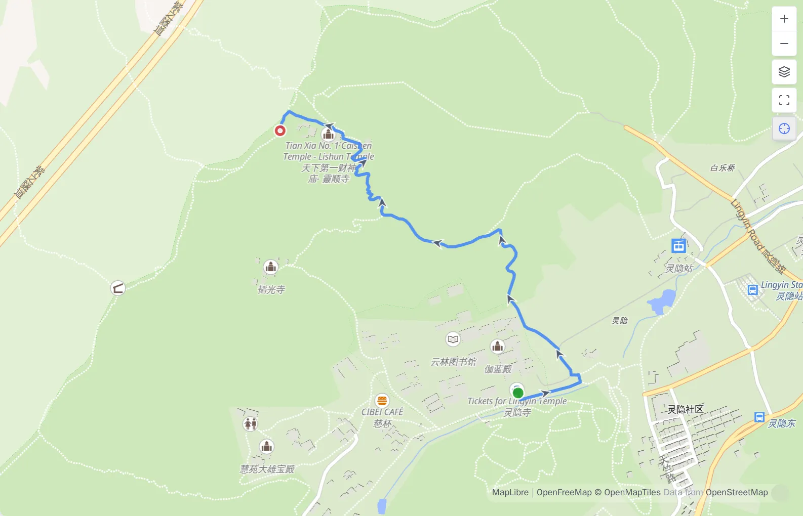 A GPX route with a green start, red ring end, and arrows showing direction