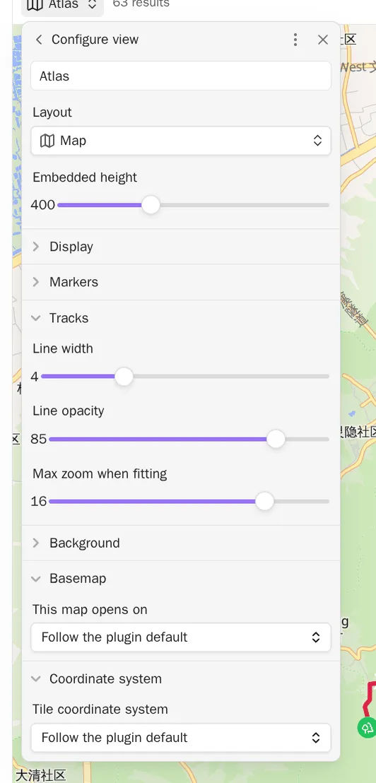 A map view’s Configure view panel with the groups Advanced Maps adds open: Tracks and its three sliders, Coordinate system, and Basemap, which is there because this vault has offline basemaps switched on